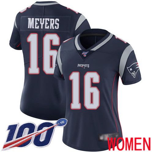 New England Patriots Football #16 100th Limited Navy Blue Women Jakobi Meyers Home NFL Jersey->new england patriots->NFL Jersey